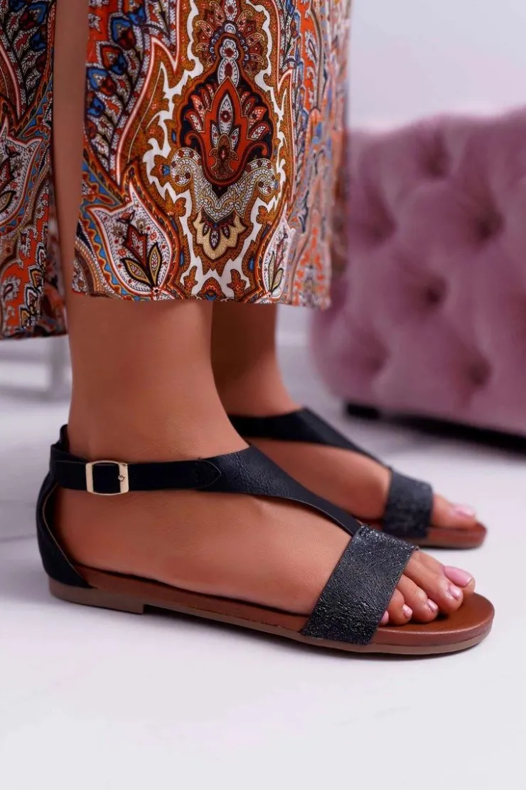 Damskie Buty Sergio Leone Sandały Damskie Płaskie Sergio Leone SK020 Czarne Magra