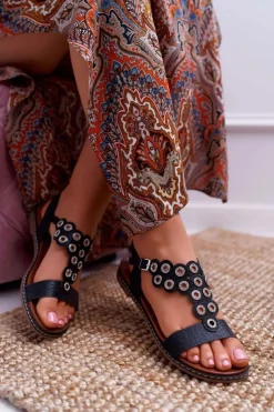 Damskie Buty Sergio Leone Sandały Damskie Płaskie Sergio Leone SK012 Czarne Livian