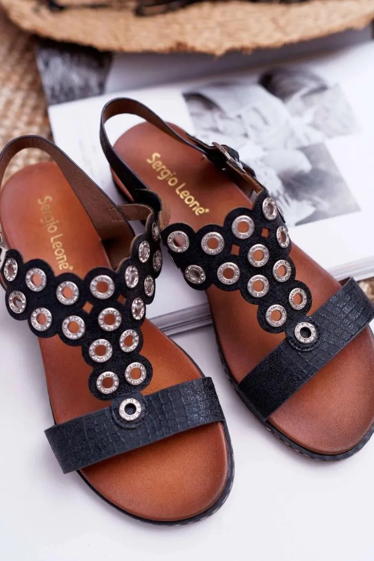 Damskie Buty Sergio Leone Sandały Damskie Płaskie Sergio Leone SK012 Czarne Livian