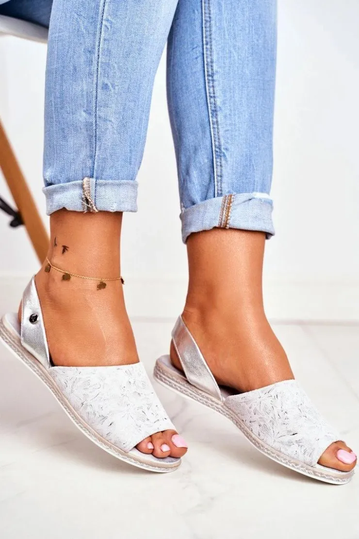 Hot Buty Sergio Leone Sandały Damskie Płaskie Sergio Leone Srebrne SK030