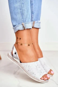 Hot Buty Sergio Leone Sandały Damskie Płaskie Sergio Leone Srebrne SK030