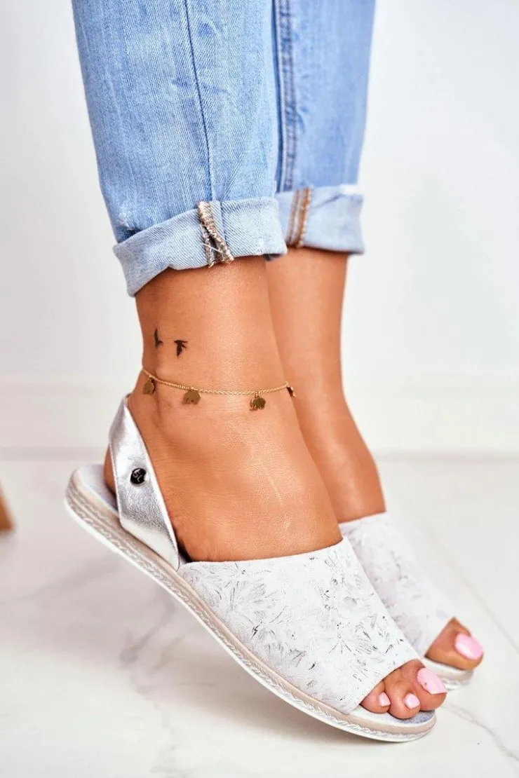 Hot Buty Sergio Leone Sandały Damskie Płaskie Sergio Leone Srebrne SK030