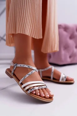 Damskie Boto Sandały Damskie Płaskie Skóra Węża Białe Dahira