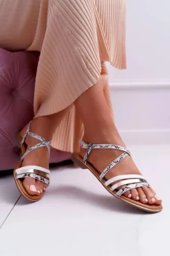 Damskie Boto Sandały Damskie Płaskie Skóra Węża Białe Dahira