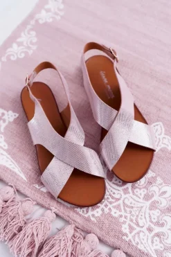 Laura Messi Sandały Płaskie*Sandały Damskie Płaskie Skórzane Różowe 1960