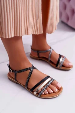 Online Boto Sandały Damskie Płaskie Skóra Węża Czarne Dahira