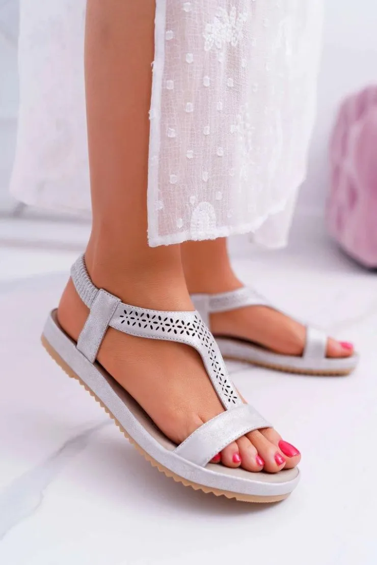 Damskie buty S.Barski Sandały Płaskie*Sandały Damskie Płaskie Srebrne S.Barski Emente