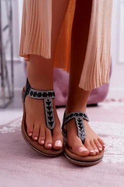 Damskie Boto Sandały Damskie Płaskie Wsuwane Z Cyrkoniami Czarne Mabellena