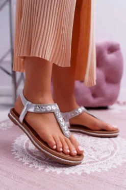 Boto Sandały Damskie Płaskie Wsuwane Z Cyrkoniami Srebrne Mabellena