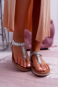 Boto Sandały Damskie Płaskie Wsuwane Z Cyrkoniami Srebrne Mabellena