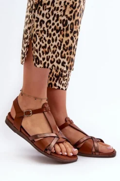 Damskie Buty Sergio Leone Sandały Damskie Płaskie Z Eko Skóry Sergio Leone SK071H Brązowe