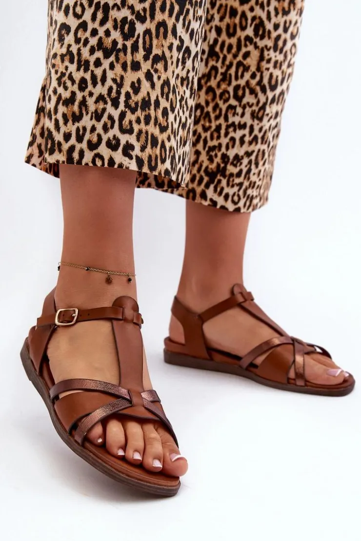 Damskie Buty Sergio Leone Sandały Damskie Płaskie Z Eko Skóry Sergio Leone SK071H Brązowe