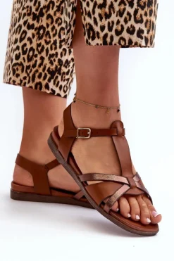 Damskie Buty Sergio Leone Sandały Damskie Płaskie Z Eko Skóry Sergio Leone SK071H Brązowe