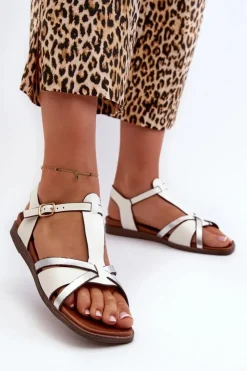 Discount Buty Sergio Leone Sandały Damskie Płaskie Z Eko Skóry Sergio Leone SK071H Białe Biały