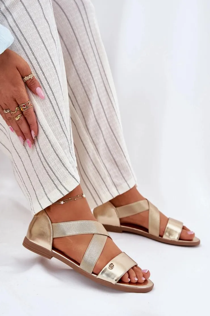 Evento Sandały Płaskie*Sandały Damskie Płaskie Z Elastycznymi Paskami Złote Marinea Złoty