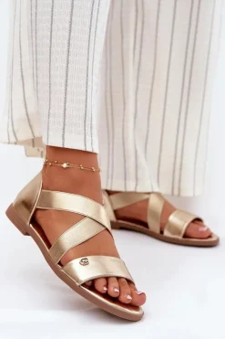 Evento Sandały Płaskie*Sandały Damskie Płaskie Z Elastycznymi Paskami Złote Marinea Złoty