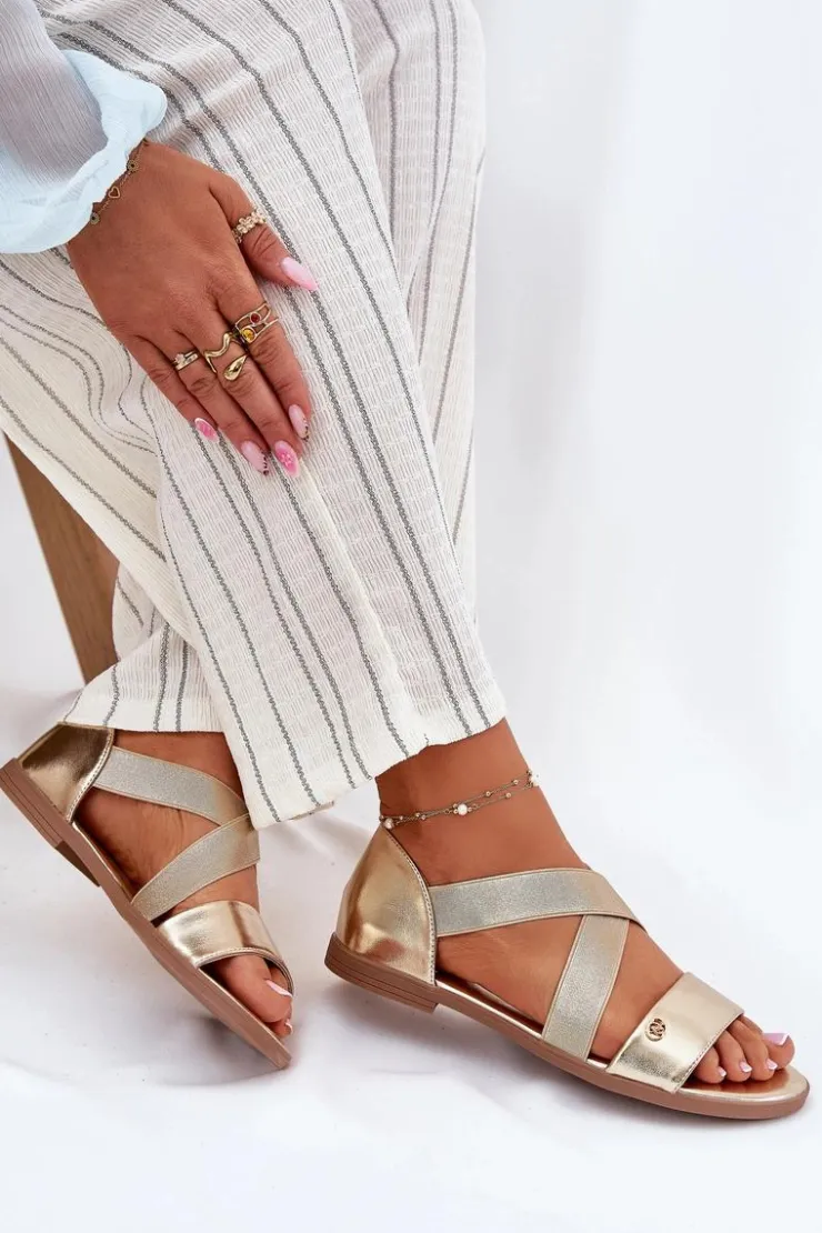 Evento Sandały Płaskie*Sandały Damskie Płaskie Z Elastycznymi Paskami Złote Marinea Złoty