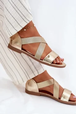 Evento Sandały Płaskie*Sandały Damskie Płaskie Z Elastycznymi Paskami Złote Marinea Złoty