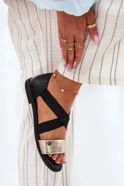Sale Evento Sandały Damskie Płaskie Z Elastycznymi Paskami Czarno-Złote Marinea