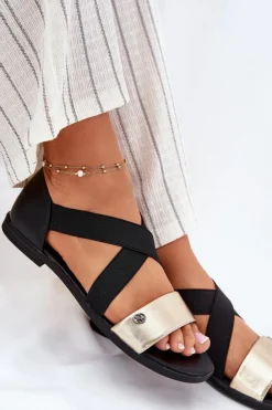 Sale Evento Sandały Damskie Płaskie Z Elastycznymi Paskami Czarno-Złote Marinea