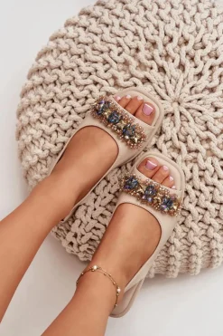 Damskie Damskie buty S.Barski Sandały Damskie Płaskie Z Kryształkami S.Barski KV51-079 Beżowe