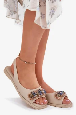 Damskie Damskie buty S.Barski Sandały Damskie Płaskie Z Kryształkami S.Barski KV51-079 Beżowe