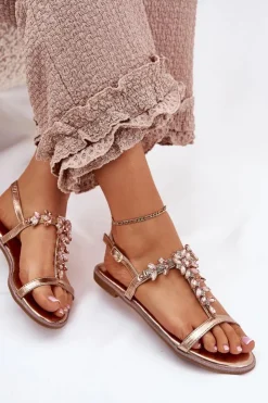Boto Sandały Płaskie*Sandały Damskie Płaskie Z Kryształkami Różowe Złoto Saane