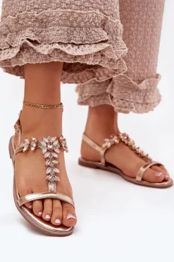 Boto Sandały Płaskie*Sandały Damskie Płaskie Z Kryształkami Różowe Złoto Saane