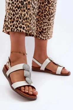 Buty Sergio Leone Sandały Płaskie*Sandały Damskie Płaskie Z Ozdobami Sergio Leone SK072H Białe Biały