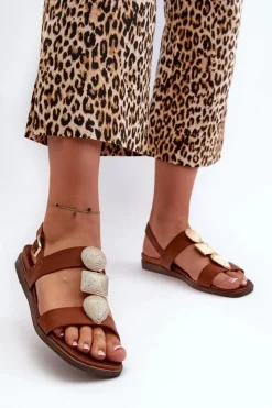 Damskie Buty Sergio Leone Sandały Damskie Płaskie Z Ozdobami Sergio Leone SK072H Brązowe