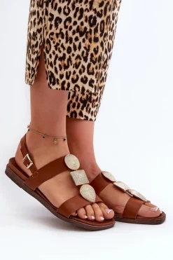 Damskie Buty Sergio Leone Sandały Damskie Płaskie Z Ozdobami Sergio Leone SK072H Brązowe