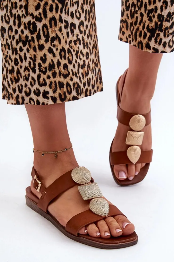 Damskie Buty Sergio Leone Sandały Damskie Płaskie Z Ozdobami Sergio Leone SK072H Brązowe