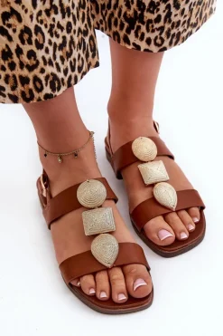 Damskie Buty Sergio Leone Sandały Damskie Płaskie Z Ozdobami Sergio Leone SK072H Brązowe