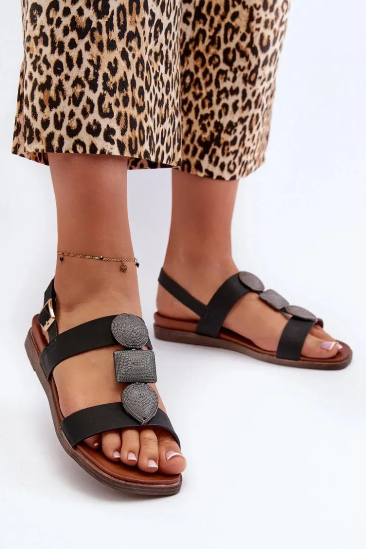 Damskie Buty Sergio Leone Sandały Damskie Płaskie Z Ozdobami Sergio Leone SK072H Czarne