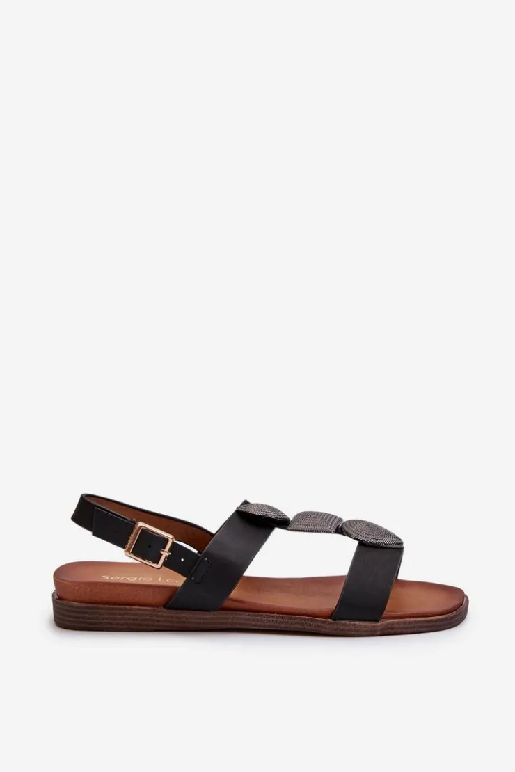 Damskie Buty Sergio Leone Sandały Damskie Płaskie Z Ozdobami Sergio Leone SK072H Czarne