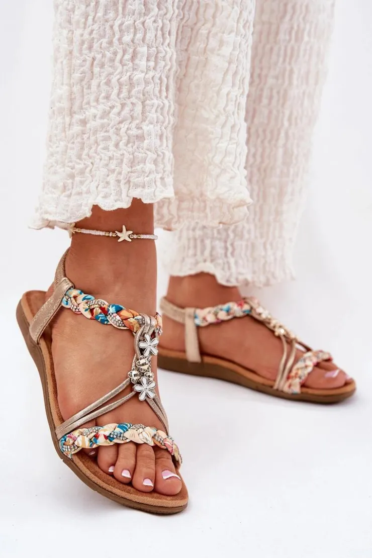 Damskie Artiker Sandały Damskie Płaskie Z Plecionymi Paskami I Przypinkami 54C1323 Złote