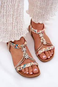 Damskie Artiker Sandały Damskie Płaskie Z Plecionymi Paskami I Przypinkami 54C1323 Złote