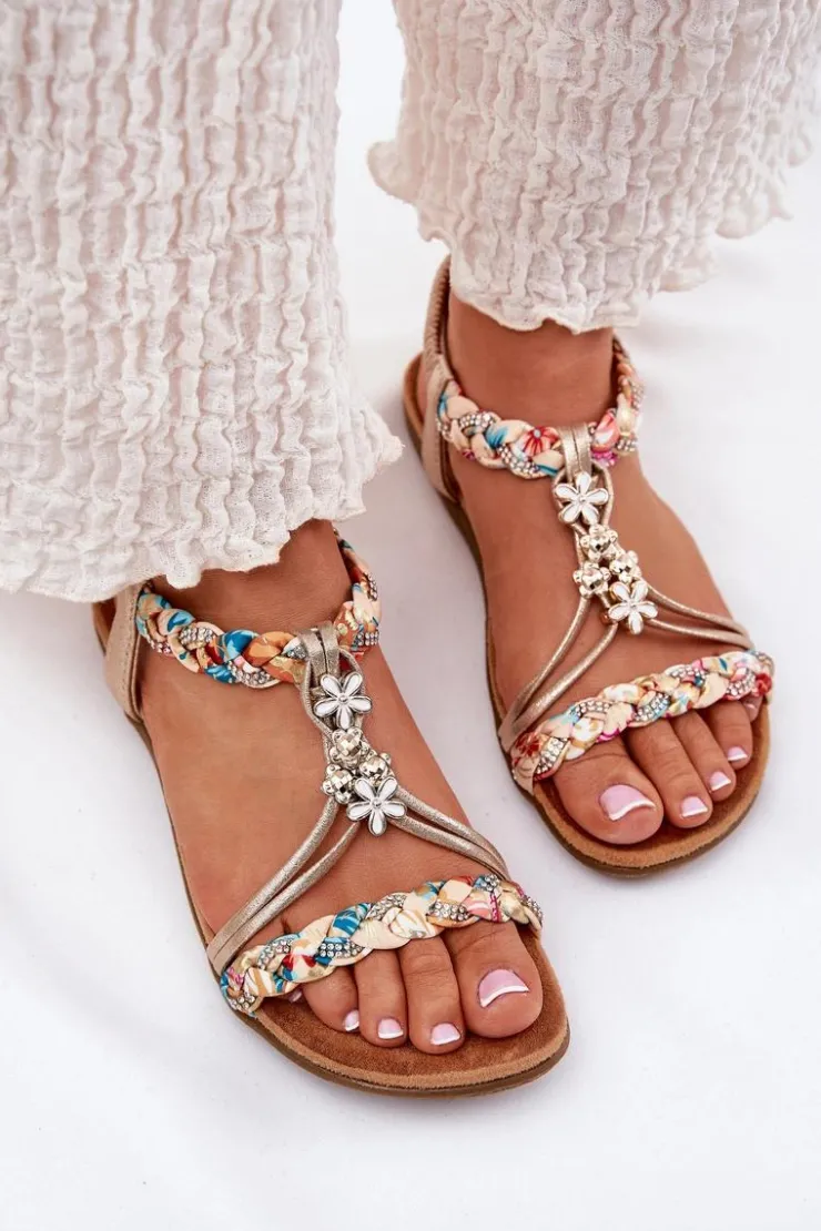 Damskie Artiker Sandały Damskie Płaskie Z Plecionymi Paskami I Przypinkami 54C1323 Złote