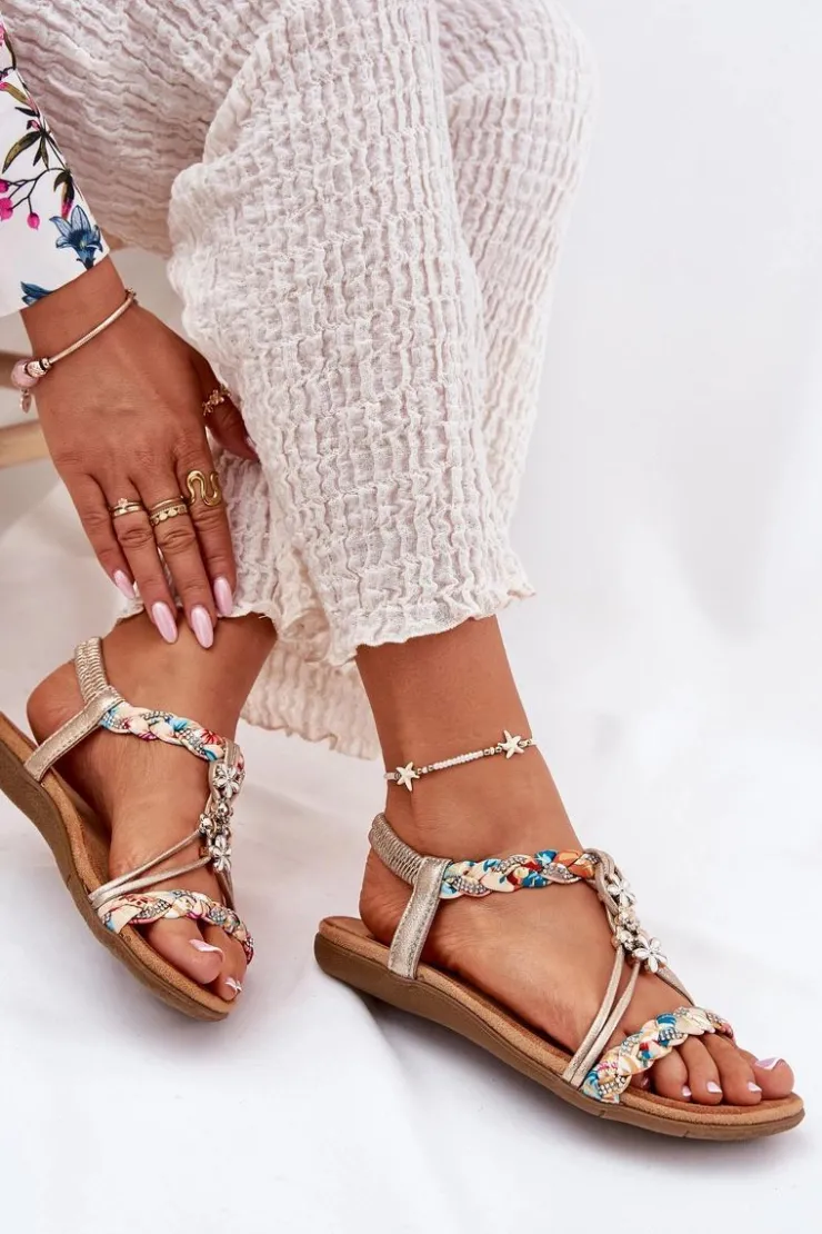 Damskie Artiker Sandały Damskie Płaskie Z Plecionymi Paskami I Przypinkami 54C1323 Złote