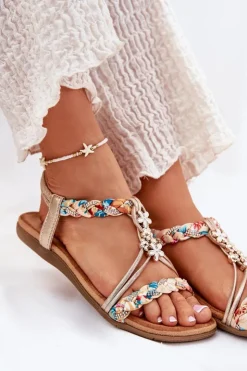 Damskie Artiker Sandały Damskie Płaskie Z Plecionymi Paskami I Przypinkami 54C1323 Złote