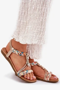 Damskie Artiker Sandały Damskie Płaskie Z Plecionymi Paskami I Przypinkami 54C1323 Złote