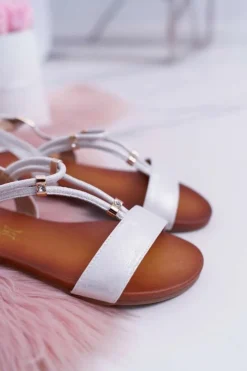 Best Damskie buty S.Barski Sandały Damskie Płaskie Z Paskami i Cyrkoniami Srebrne Madeline