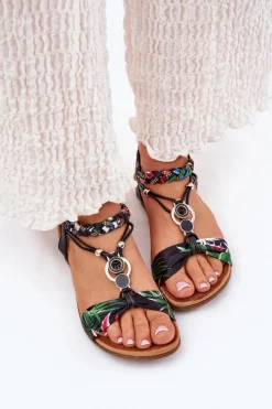 Clearance Artiker Sandały Damskie Płaskie Z Plecionymi Paskiem I Ozdobą 56C1318 Czarne Czarny