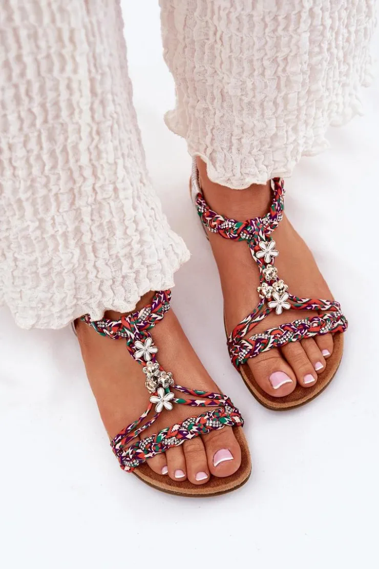 Damskie Artiker Sandały Damskie Płaskie Z Plecionymi Paskami I Przypinkami 54C1322 Multikolor
