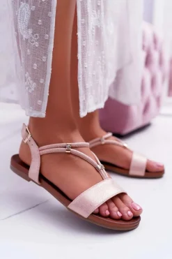 Damskie buty S.Barski Sandały Płaskie*Sandały Damskie Płaskie Z Paskami i Cyrkoniami Różowe Madeline