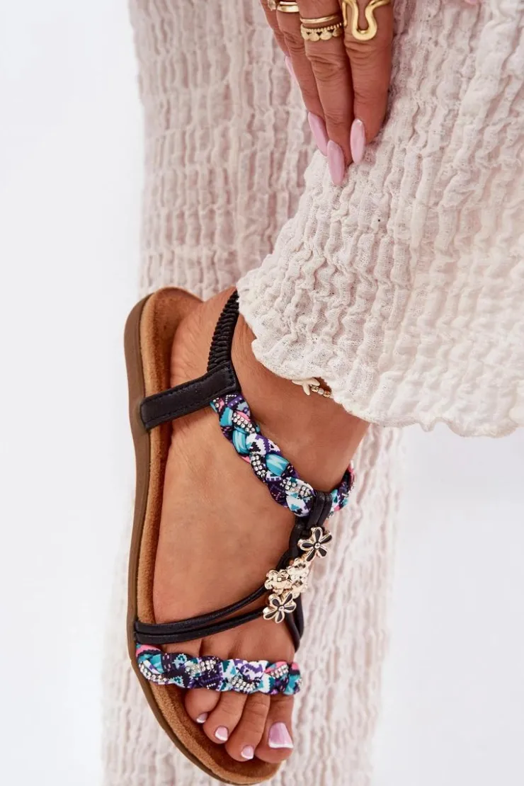 Damskie Artiker Sandały Damskie Płaskie Z Plecionymi Paskami I Przypinkami 54C1331 Czarne