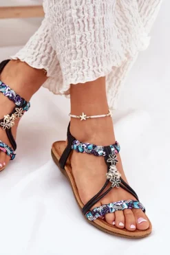 Damskie Artiker Sandały Damskie Płaskie Z Plecionymi Paskami I Przypinkami 54C1331 Czarne