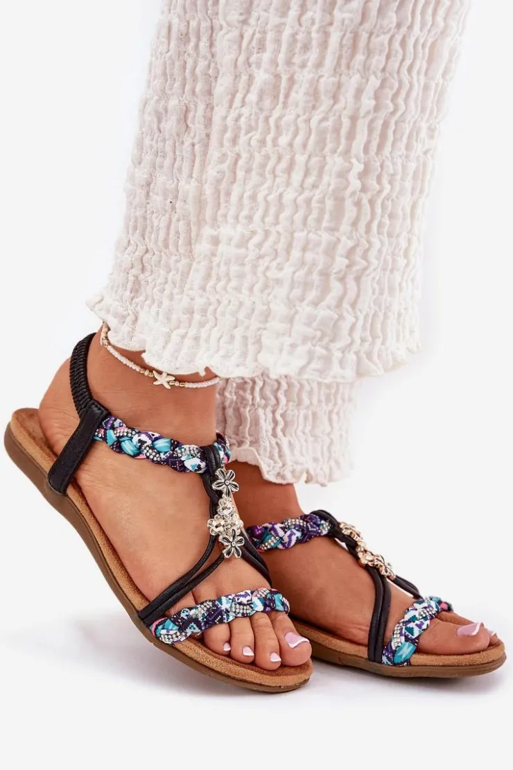 Damskie Artiker Sandały Damskie Płaskie Z Plecionymi Paskami I Przypinkami 54C1331 Czarne