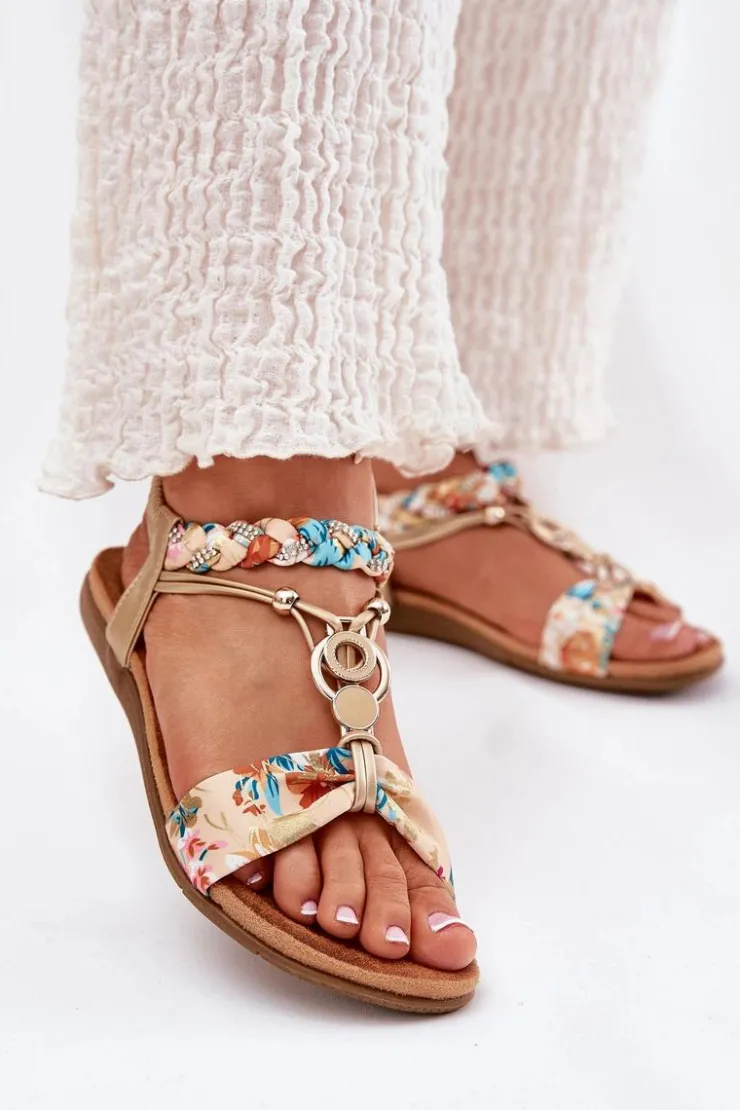 Artiker Sandały Płaskie*Sandały Damskie Płaskie Z Plecionymi Paskiem I Ozdobą 56C1316 Złote Złoty