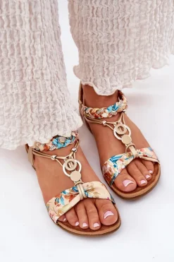 Artiker Sandały Płaskie*Sandały Damskie Płaskie Z Plecionymi Paskiem I Ozdobą 56C1316 Złote Złoty